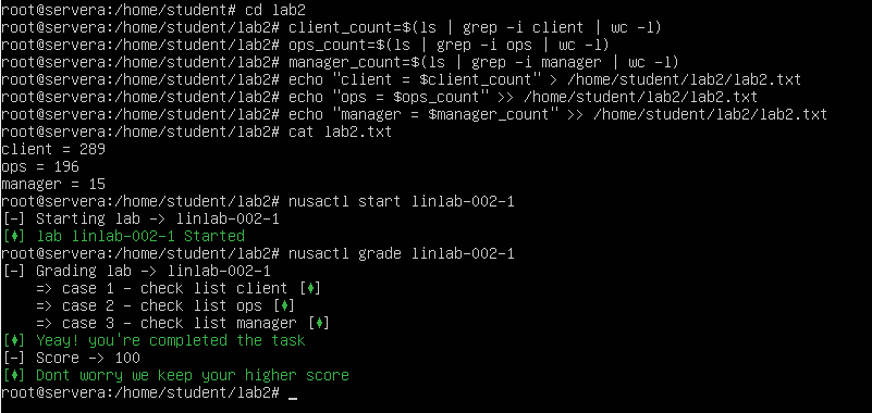 Screenshot terminal menjalankan perintah lab list and count files di Linux