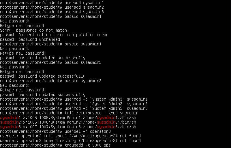 Screenshot terminal manajemen user dan grup di Linux