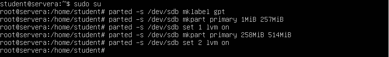 Screenshot terminal konfigurasi logical volumes di Linux