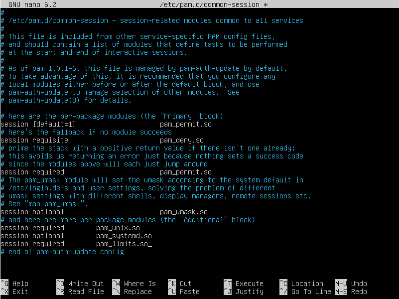 Screenshot terminal edit file common-session menggunakan nano di Linux