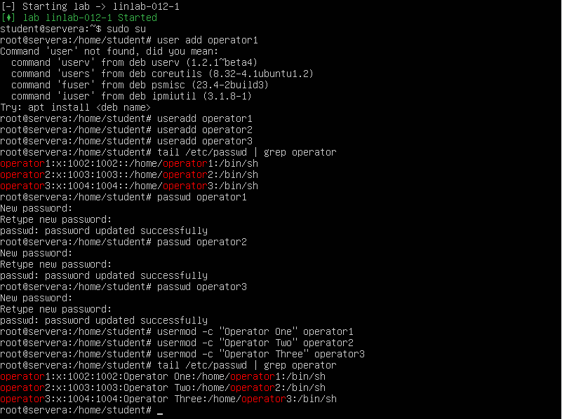 Screenshot terminal manajemen user dan grup di Linux