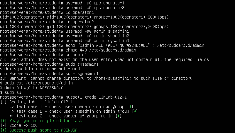 Screenshot terminal manajemen user dan grup di Linux