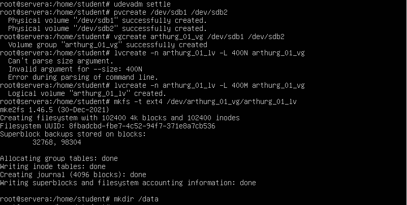 Screenshot terminal konfigurasi logical volumes dan fstab di Linux