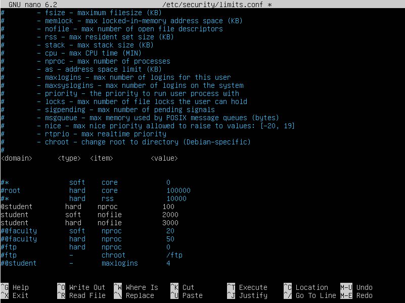 Screenshot terminal edit file limits.conf menggunakan nano di Linux