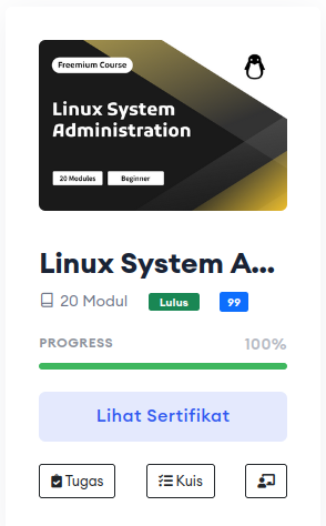 Screenshot hasil penyelesaian quiz dan lab Linux Fundamental di adinusa.id pada tanggal 7-9 April 2025, menampilkan tampilan terminal dengan perintah dan output