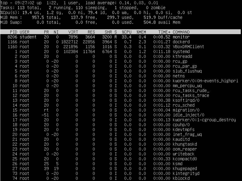Screenshot terminal perintah top untuk monitoring CPU di Linux