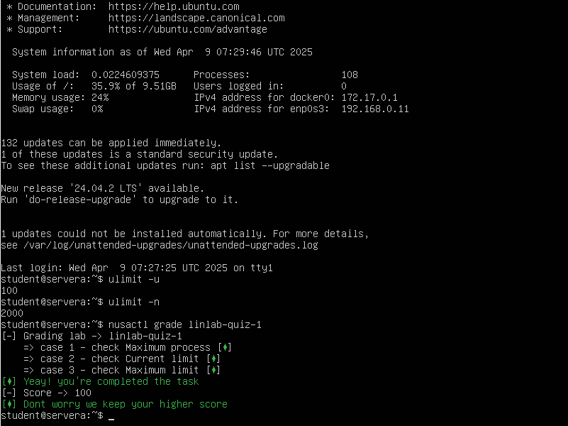 Screenshot terminal setelah reboot dan konfigurasi resource limits di Linux