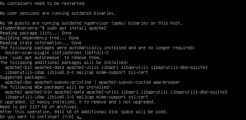 Screenshot terminal instalasi apache2 di Linux